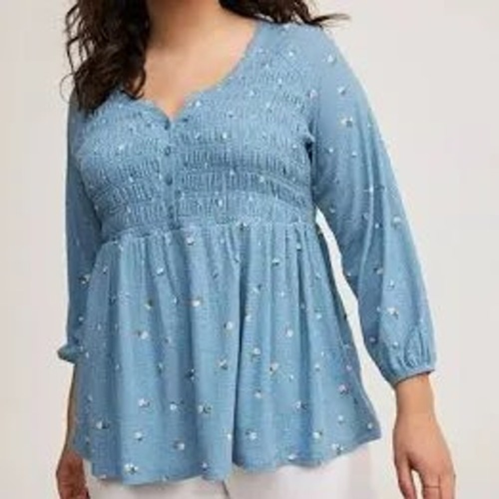 Torrid Blue Floral Waffle Knit Smocked Babydoll Tunic Top Plus Size 6 (6X)X